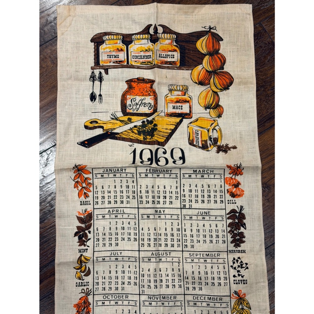 Vintage 1969 Linen Calendar Tea Towel Kitchen Spice Herb Retro Mid Century 16x27